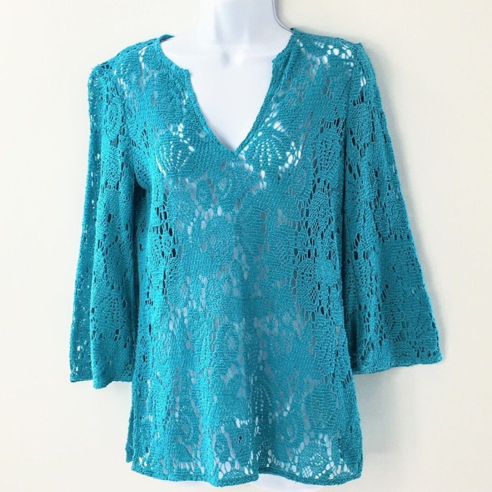 Trina Turk Womens Crochet Knit Top Blue Open Knit Lightweight 3/4 Bell Sleeve S